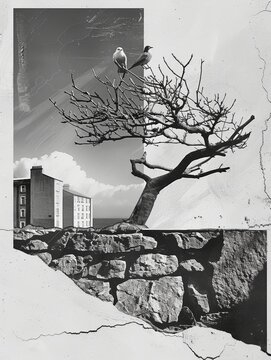 Abstract black-and-white collage of a tree on a rocky outcrop against a cityscape, merging nature and urban elements in a minimalist composition.