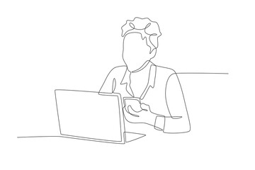 Business woman looking at files on mobile phone and laptop. African woman in business concept one-line drawing