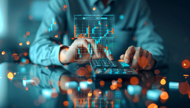 Businessman Analyzing Financial Data on Calculator with Holographic Charts