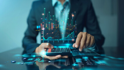 Businessman Using Calculator with Data Visualization