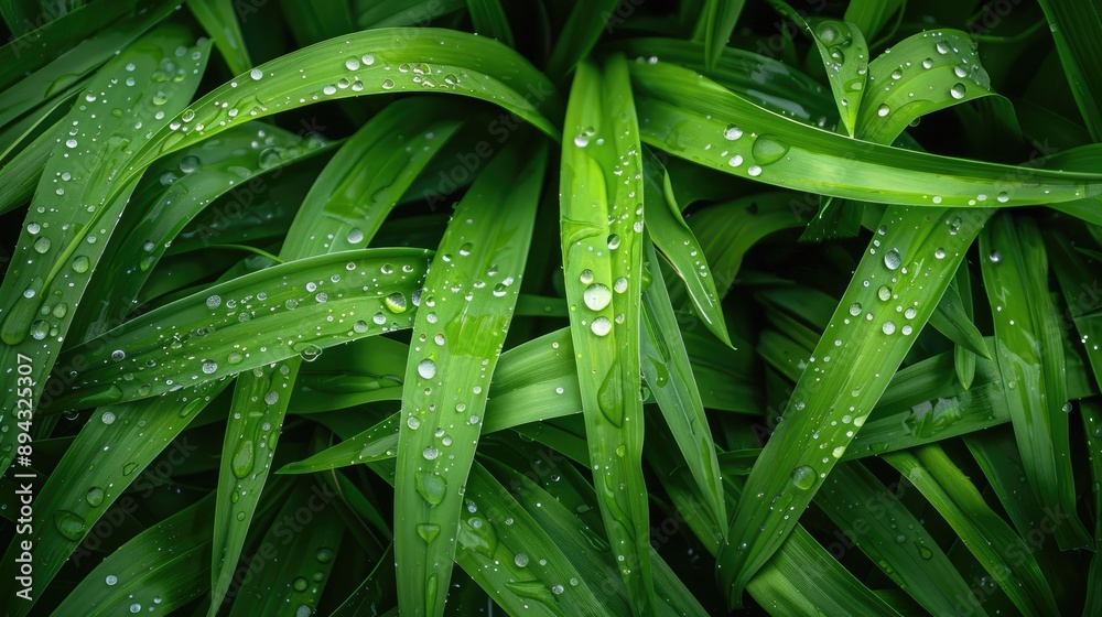 Wall mural Close-up of dewy green grass texture, nature wallpaper.