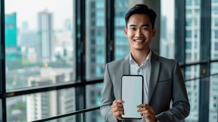 Fototapeta premium Businessman Holding Smartphone Mockup.