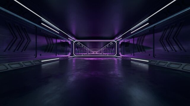 VJ loop. Camera movement along the corridor of the spaceship. Seamless camera movement in a futuristic corridor. Flashing blue light. Corridor with technological design.