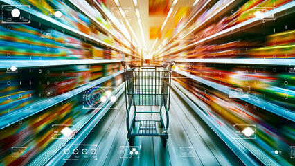 AI-enhanced shopping cart in a vibrant supermarket, tech-infused atmosphere