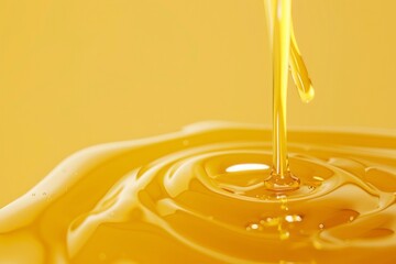 Honey banner with close-up of flowing amber honey. Beekeeping development concept.