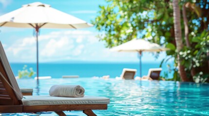 Obraz premium Beach for relaxation in luxury hotel, swimming pool, blurred background banner with copyright area