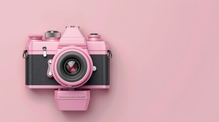 Fototapeta premium Pink vintage camera on pink background.