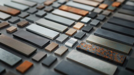 Various rectangular tiles arranged in rows, showcasing different colors, textures, and sizes, highlighting diverse material samples.