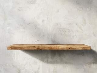 Simple wooden shelf mounted on a textured wall, casting shadows. Ideal for home decor, minimalist, and Scandinavian design themes.