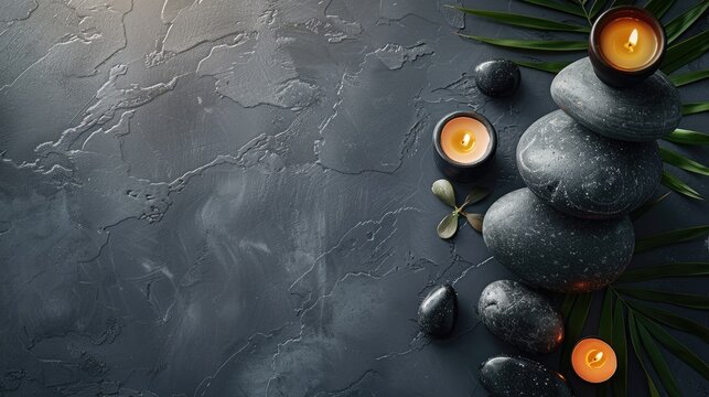 Symbolic object composition for spa salon with stone therapy attributes Balance concept depicted with rocks and candle Top view background with copy space