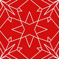 Seamless pattern red background with white star-shaped snowflakes. Geometric repeating pattern. Wallpaper textile decorative surfaces