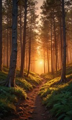 Fototapeta premium Sunlit Path Through Misty Forest.