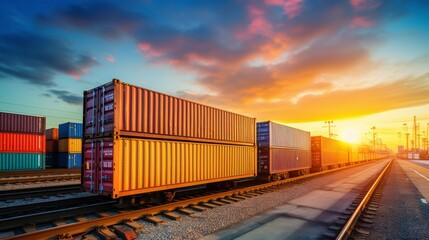 Obraz premium Cargo train transporting container on railway tracks for efficient transportation