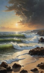 Obraz premium Sunset Over the Ocean With Waves Crashing on the Shore.