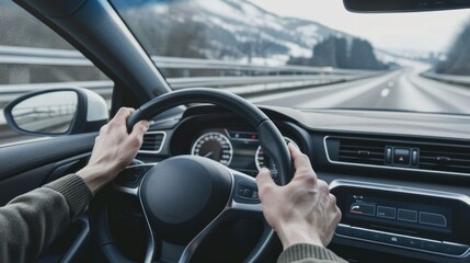 Naklejka premium Driver's view inside a car with hands on the steering wheel, driving on a highway