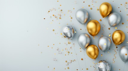 Gold and White Balloons with Confetti on White Background