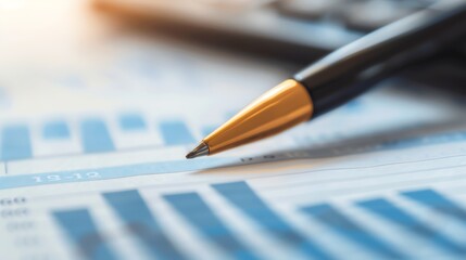 A close-up of a pen resting on financial charts and graphs, symbolizing business analysis and decision-making processes.