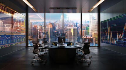 Success in the modern stock trading room The background has overlapping stock graphs and New York City skyscrapers.