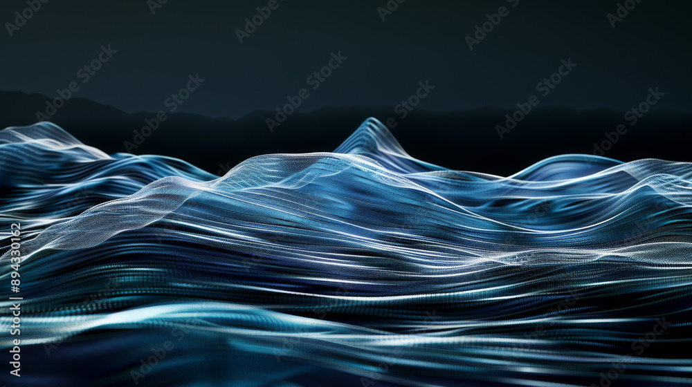 Wall mural Blue lines and waves on a black screen create a digital landscape. This abstract image represents communication technology.