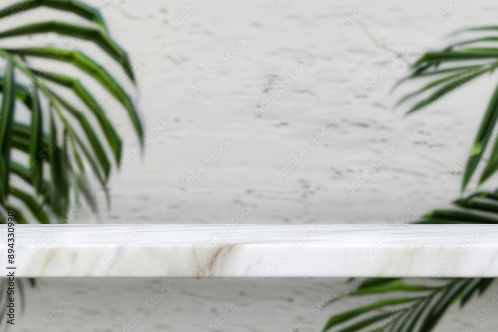 Poster empty marble shelf for product placement with tropical plants and white wall background showing mini