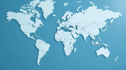 Blank continents on a flat world map against a peaceful and serene blue background