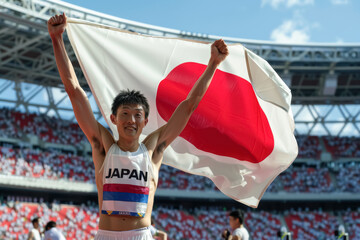 Triumphant Japanese Male Athlete with Flag at Paris 2024 Olympics. A young Japanese man with light skin, celebrating with the Japanese flag in a crowded stadium.

