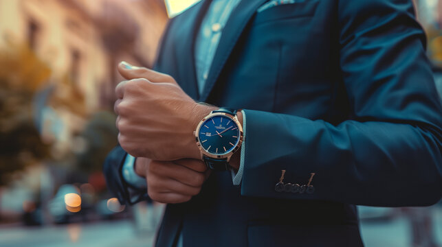 The wrist of a man in a suit with a visible, elegant and expensive watch. A timepiece as a fashionable accessory.