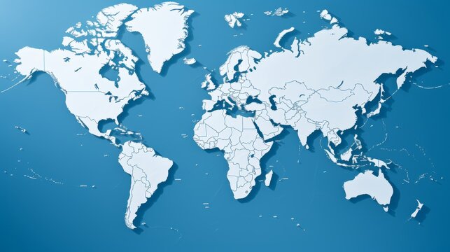 Educational flat world map with continents on blue background for geography lessons