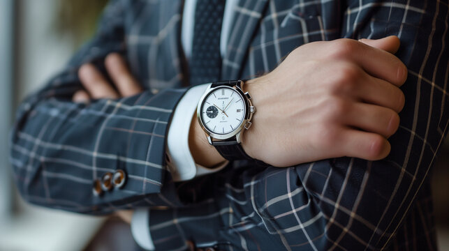 The wrist of a man in a suit with a visible, elegant and expensive watch. A timepiece as a fashionable accessory.