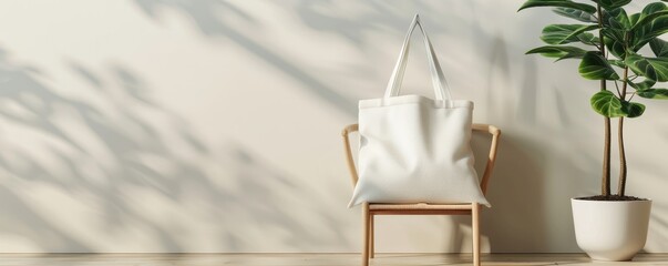 White Tote Bag on Wooden Chair with Plant and Sunlight