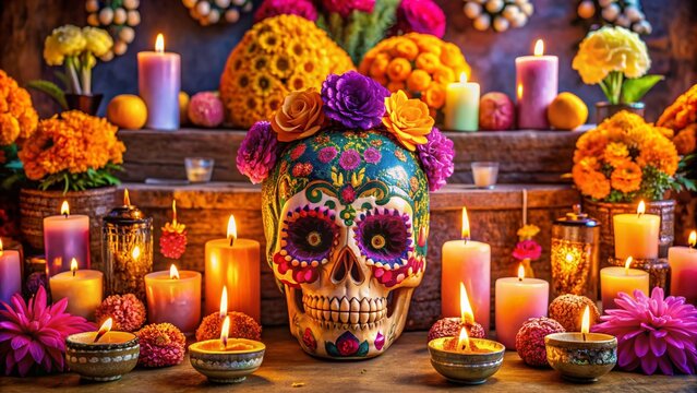 Vibrant sugar skull decorated with marigolds and purple flowers on a ornate altar surrounded by lit candles, incense, and traditional Day of the Dead offerings.