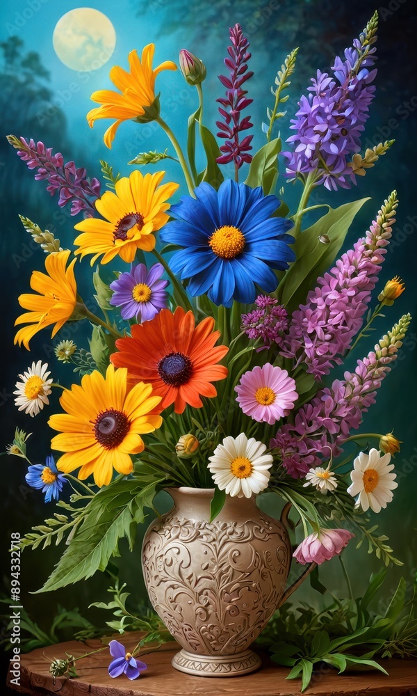 Poster flower arrangement with full moon.