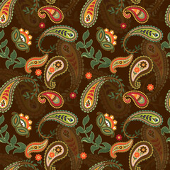 Vector paisley seamless pattern on brown background.