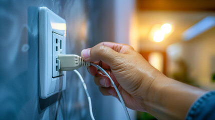 Close up perspective of a hand inserting a plug into an electrical socket at home.
