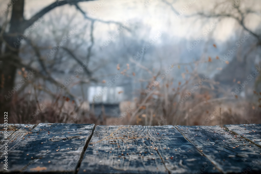Aufkleber empty wooden table showing foggy forest in background, perfect for product placement