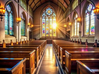 Fototapeta premium Rear view of empty pews in a serene church, sunlight streaming through stained glass windows, capturing a sense of community and spiritual connection.