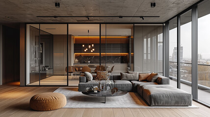 Modern interior of the apartment with glass partitions