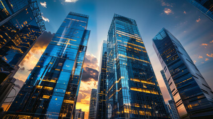 City lights up at night, with tall, shiny buildings reaching into the sky. Perfect for promoting the newest technology.