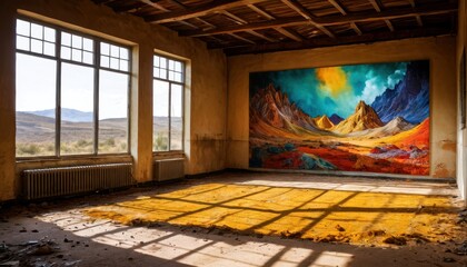 Fototapeta premium Abandoned Building with Mountain Landscape Painting.