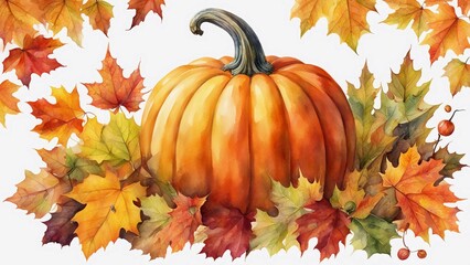 A watercolor single large pumpkin in the center surrounded by a variety of colorful autumn leaves, isolated on white background
