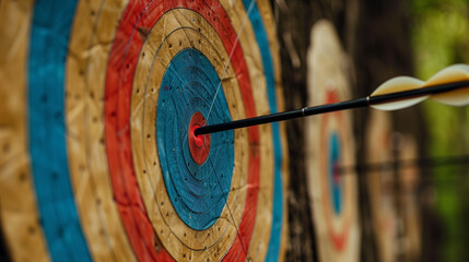 A row of round archery targets lined up in a line. You can see precisely placed targets, each with clearly marked scoring zones, ready for arrow shooting.
