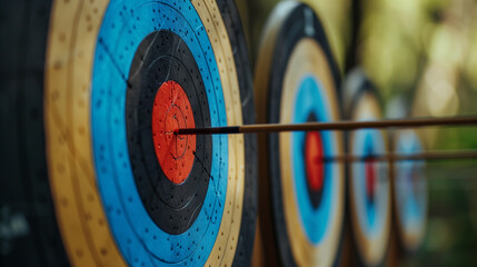 A row of round archery targets lined up in a line. You can see precisely placed targets, each with clearly marked scoring zones, ready for arrow shooting.

