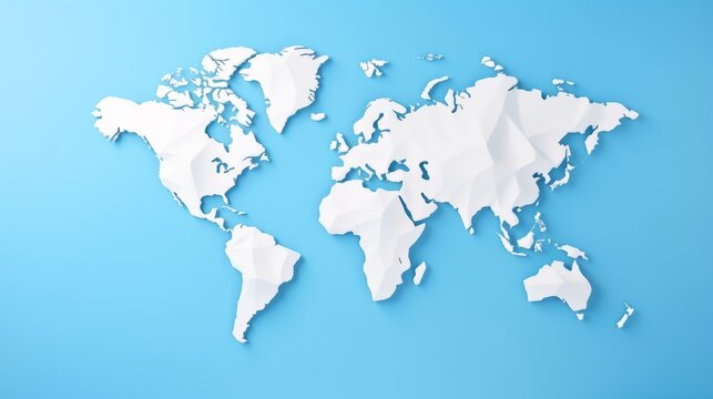 Flat world map with continents outlined against vibrant blue background for educational purposes