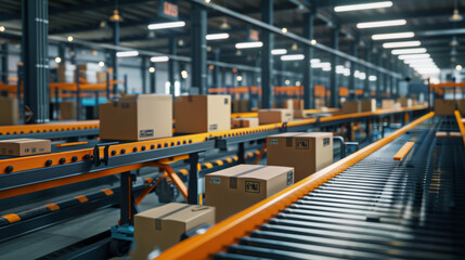 Fototapeta premium Conveyors in a package sorting center automatically sort and prepare packages for delivery. This automated system ensures efficient package handling and timely delivery.