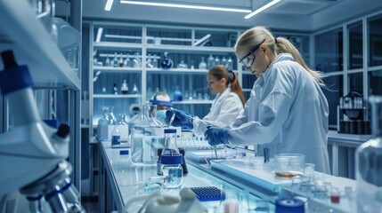 Scientists collaborating in a modern laboratory setting, analyzing samples with microscopes and laboratory equipment, engaged in research and experiments in a high-tech science facility