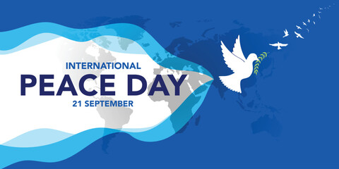 International day of peace - The white peace dove flying with green ribbon roll around on blue line globle texture background vector Design