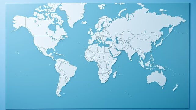 Simple world map with blank continents on blue background ideal for educational purposes