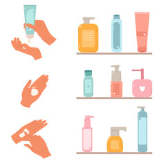 Hand cream bottles set. Woman hand apply cream from cosmetics bottle and squeezing it