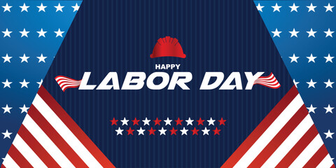 Obraz premium Happy labor day USA celebration vector illustration with american flag, and map. with editable text effect. 100% can be canged. good for banner, poster, flyer, social media post template, ETC