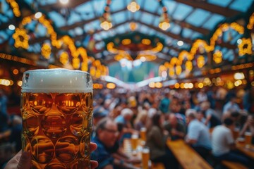 Fototapeta premium Beer glass in focus at crowded Oktoberfest tent, celebration moo